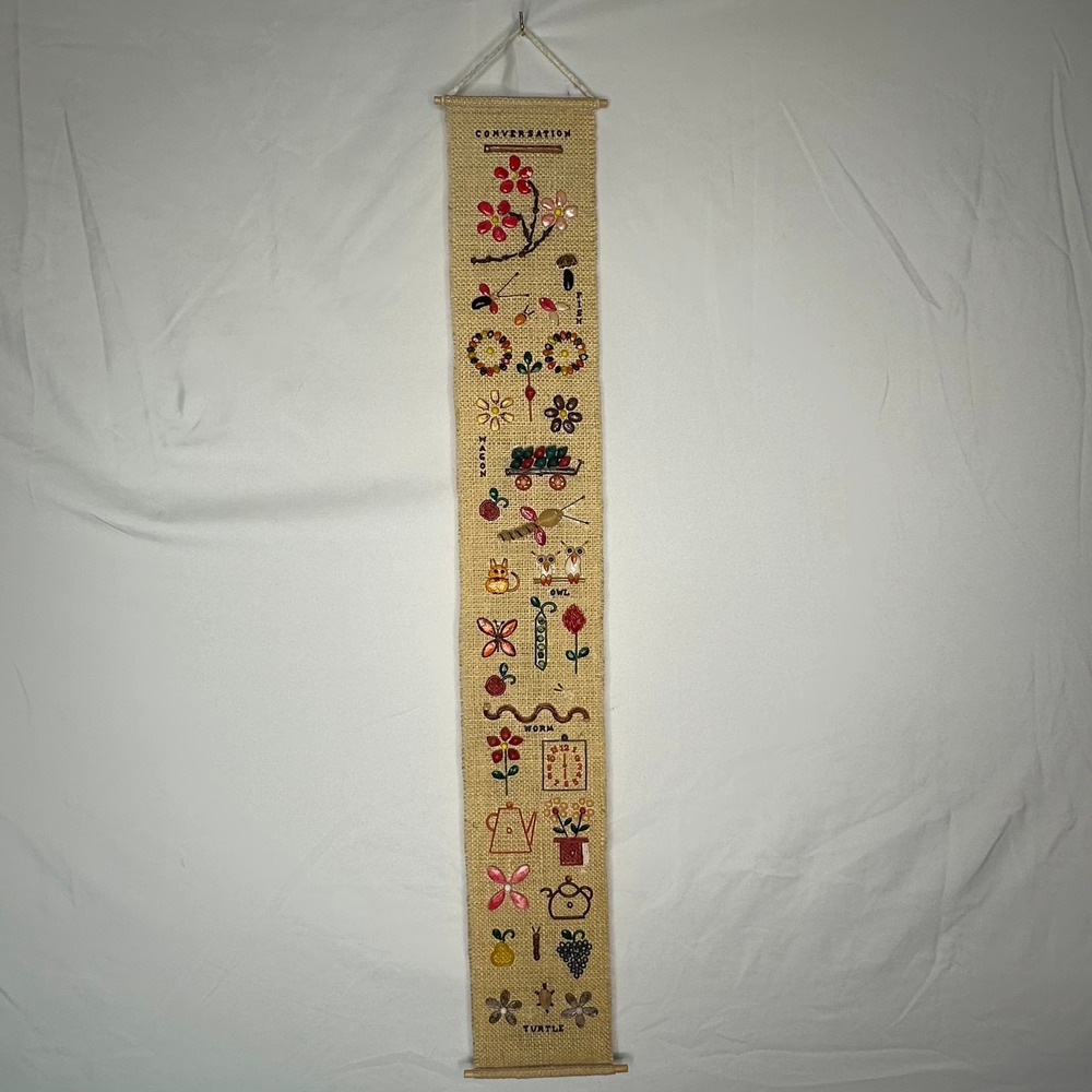 Vintage Seed Art Burlap Wall Hanging Conversation Piece Folk Art Owl Turtle 35in